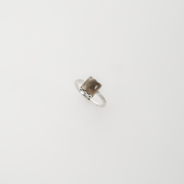 Anello Oro Bianco 18KT <br> Diamanti, Quarzo Fumè