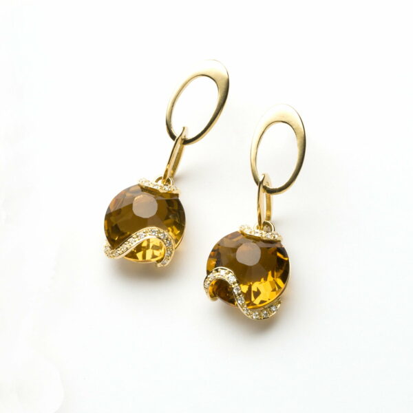 Orecchini Oro Giallo 18KT <br> Diamanti, Quarzo Citrino