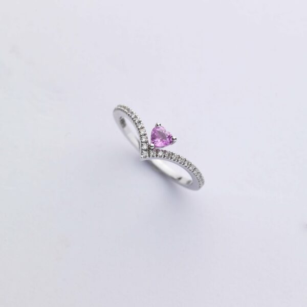 Anello Oro Bianco 18KT <br> Zaffiro Rosa a Cuore, Diamanti
