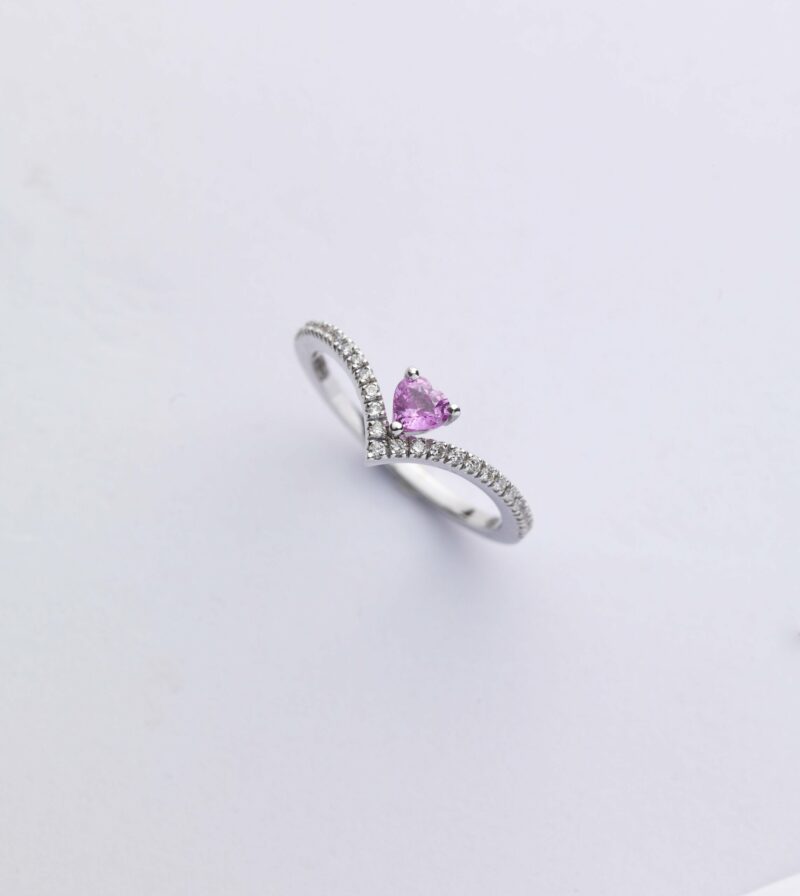 Anello Oro Bianco 18KT <br> Zaffiro Rosa a Cuore, Diamanti